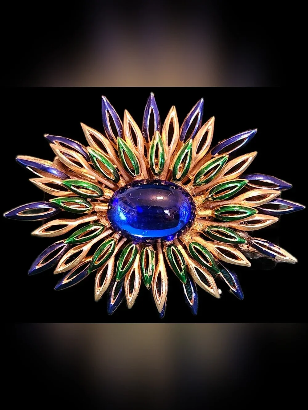 Vintage Crown Trifari Blue Cabochon and Enamel Starburst Brooch